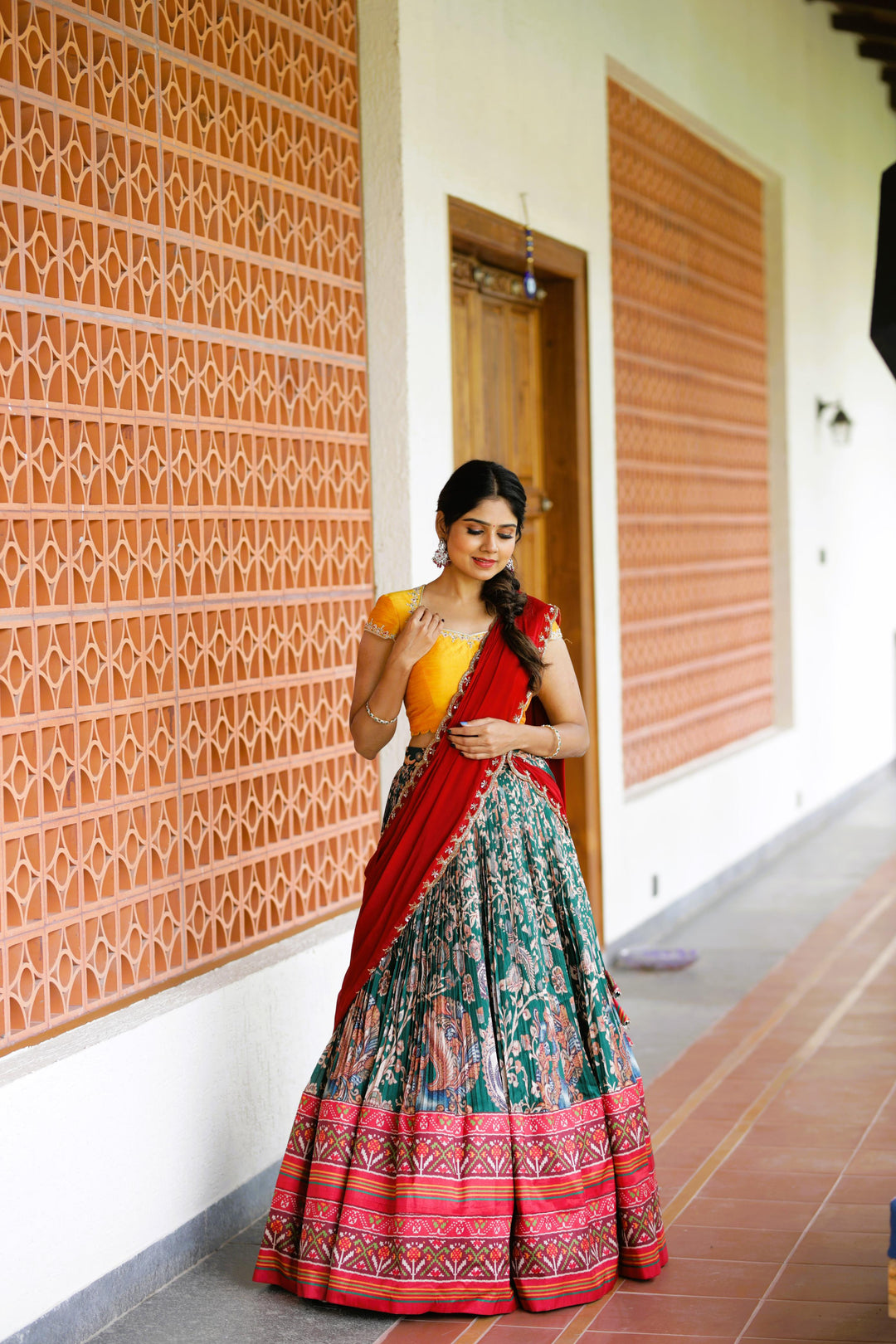 Yellow & Green Kalamkari Silk Lehenga