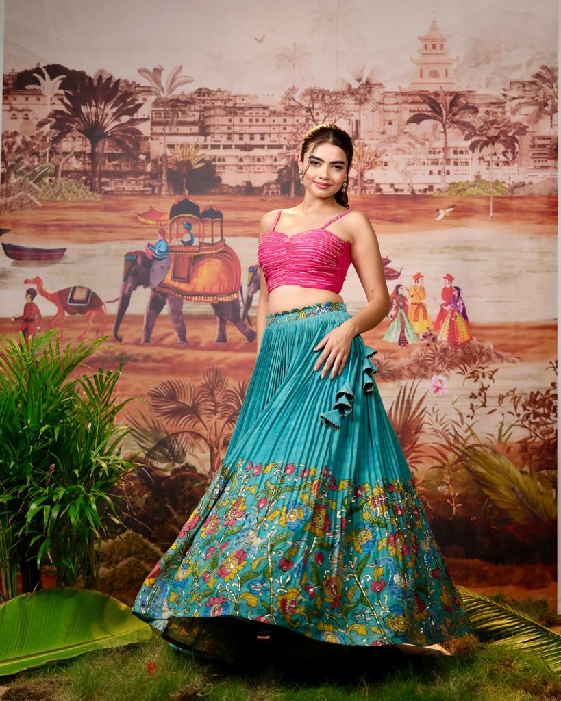 Bridal Blue & Pink Kalamkari Lehenga