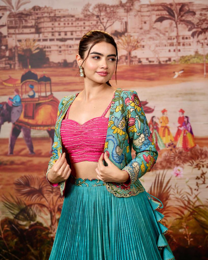 Bridal Blue & Pink Kalamkari Lehenga