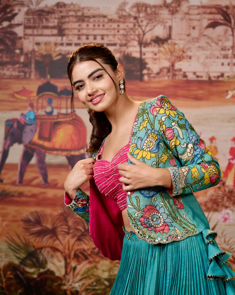 Bridal Blue & Pink Kalamkari Lehenga