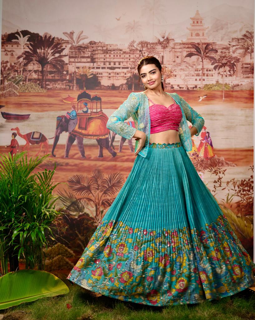 Bridal Blue & Pink Kalamkari Lehenga