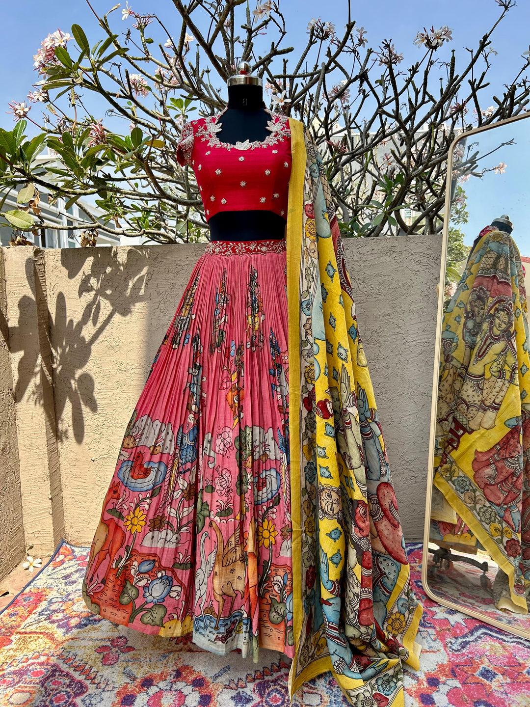 Red & PeachishPink Kalamkari Silk Lehenga