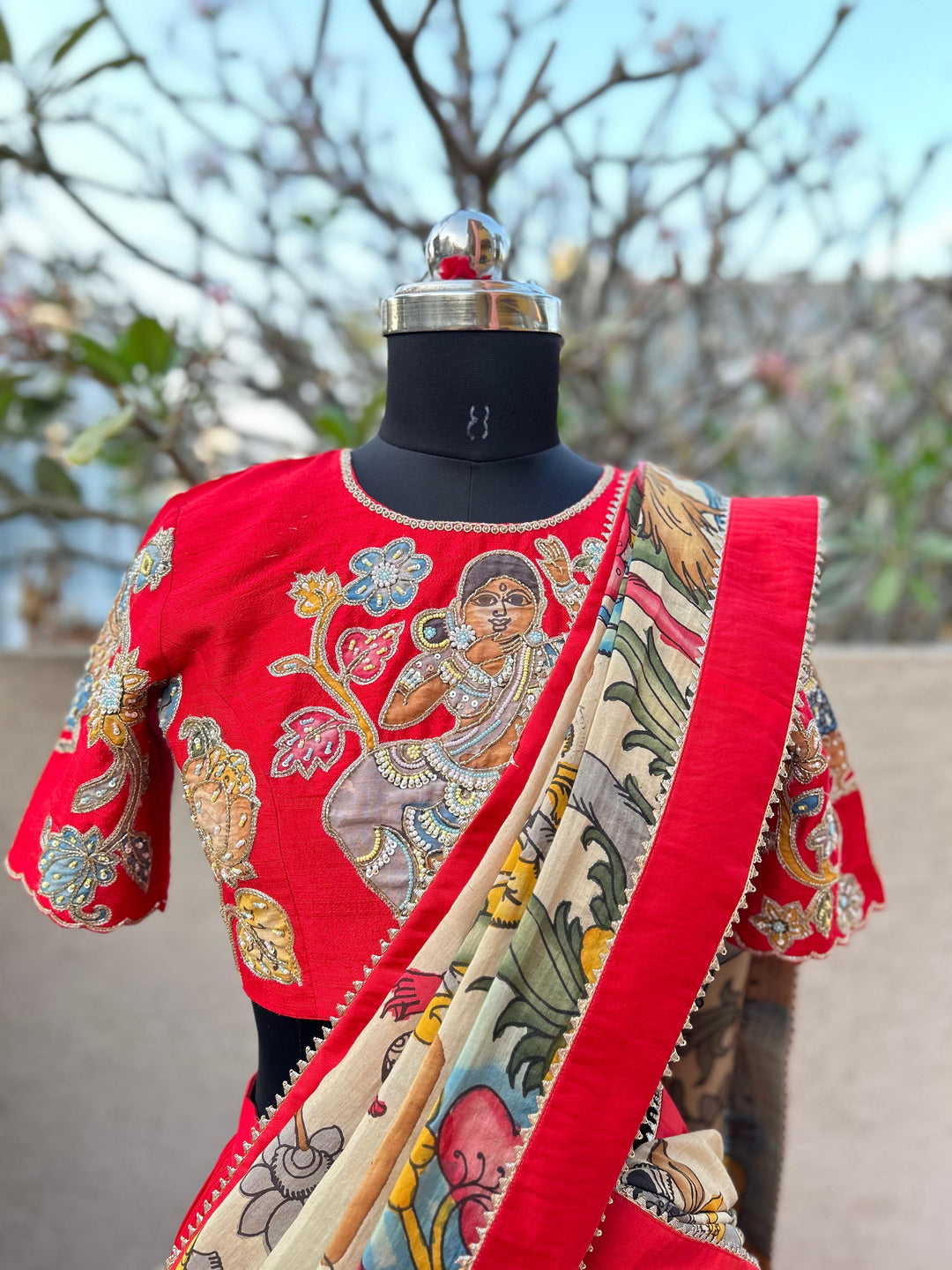 Red Pen Kalamkari Crape Silk Lehenga