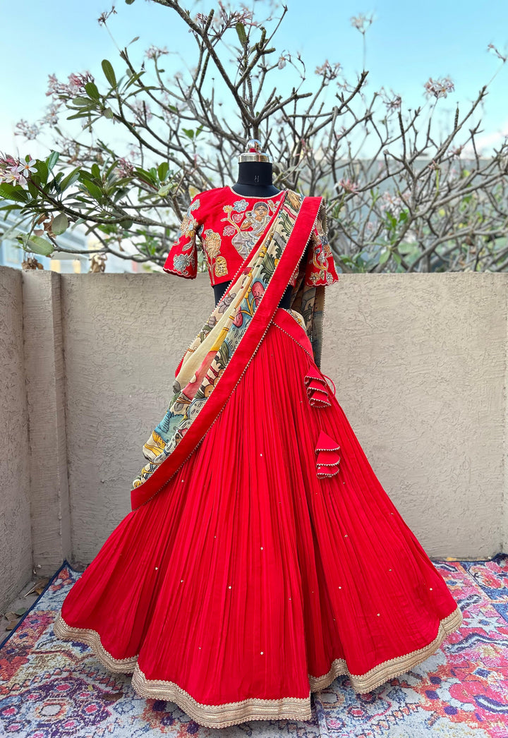 Red Pen Kalamkari Crape Silk Lehenga