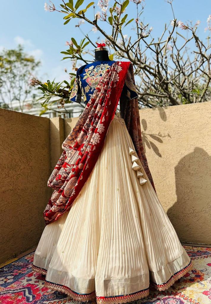Blue Cream Tissue Lehenga - Main Image
