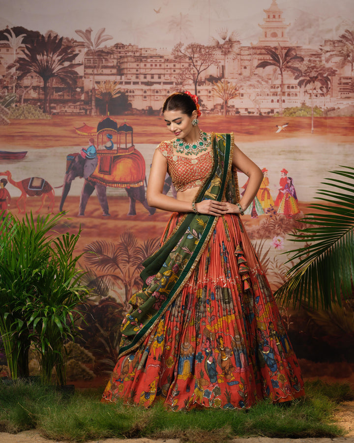 Orange Bridal Kalamkari Lehenga