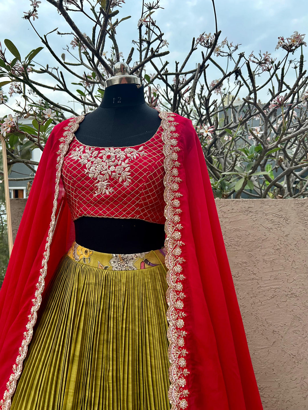 Red & Green Kalamkari Silk Lehenga