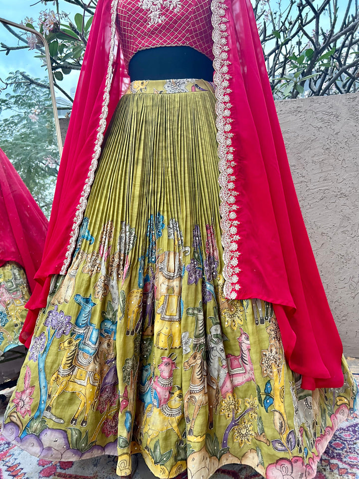 Red & Green Kalamkari Silk Lehenga
