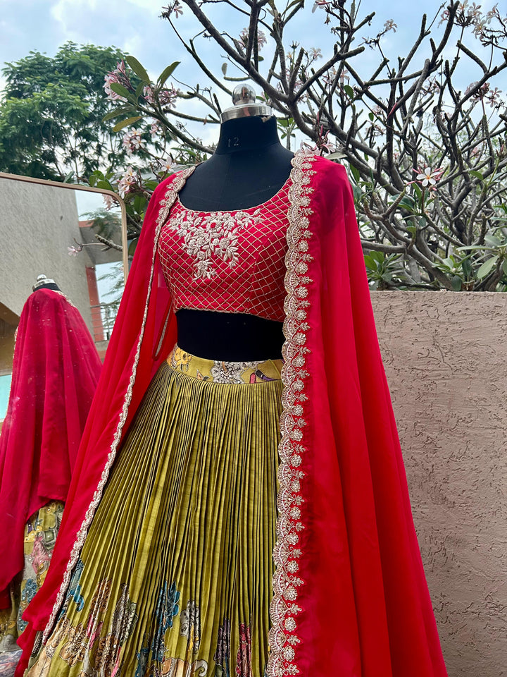 Red & Green Kalamkari Silk Lehenga