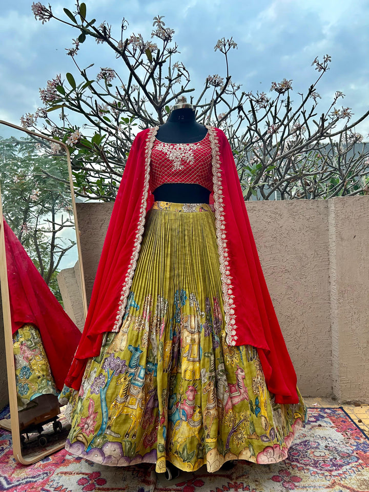 Red & Green Kalamkari Silk Lehenga