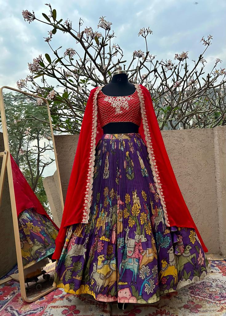 Red & Purple Kalamkari Lehenga - Elegant Indian Ethnic Wear for Women Available at MyRiti