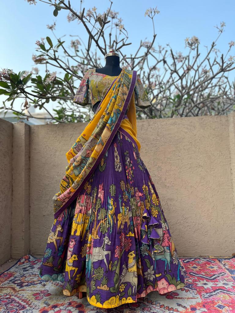 Handcrafted Green & Purple Kalamkari Lehenga - Traditional Indian Ethnic Wear for Women at MyRiti