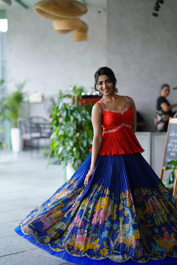 Red & Blue Kalamkari Lehenga