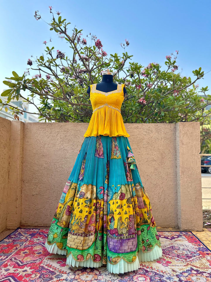 Yellow & Blue Kalamkari Lehenga