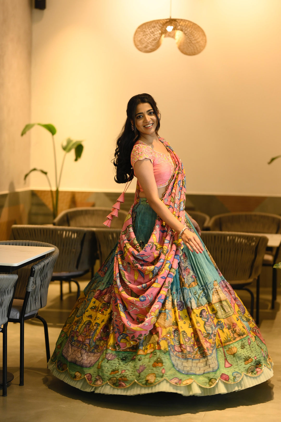 Pink & Blue Kalamkari Lehenga