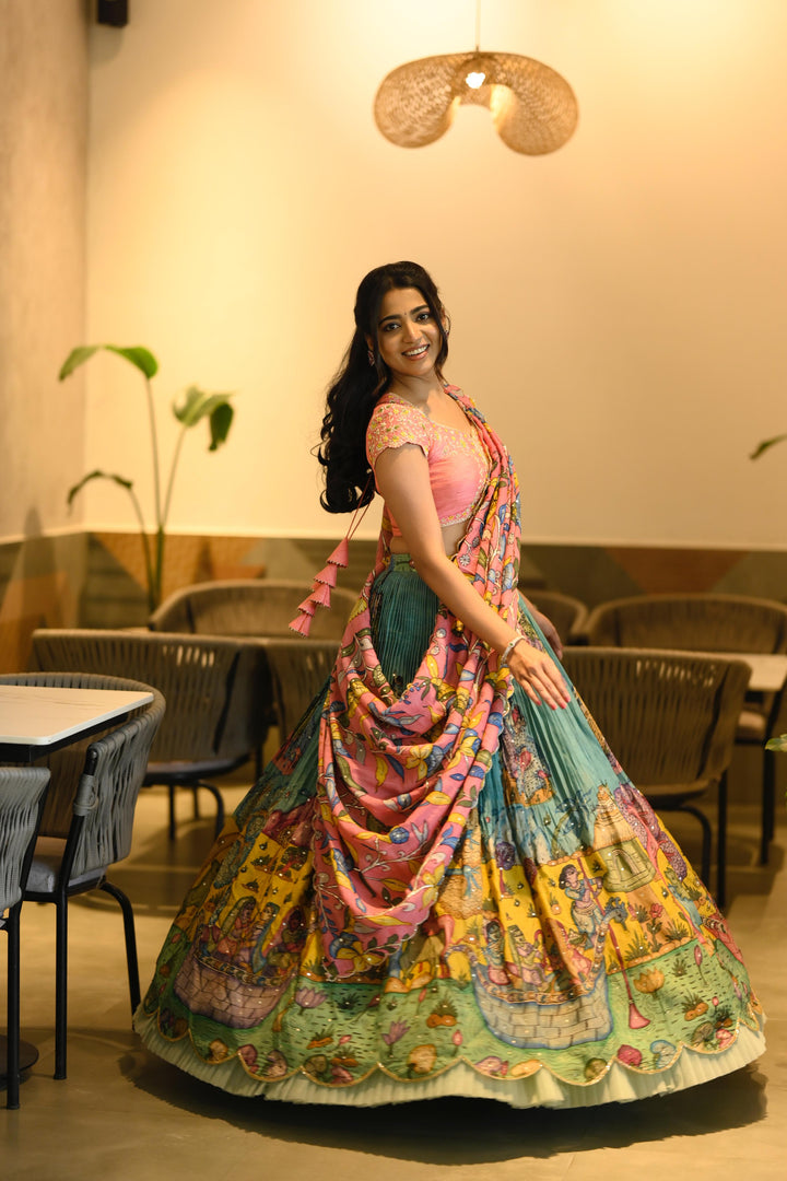 Pink & Blue Kalamkari Lehenga