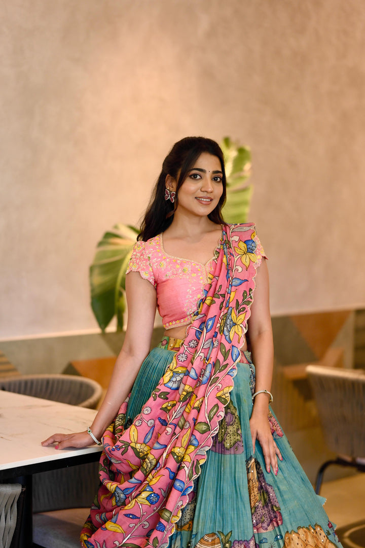 Pink & Blue Kalamkari Lehenga