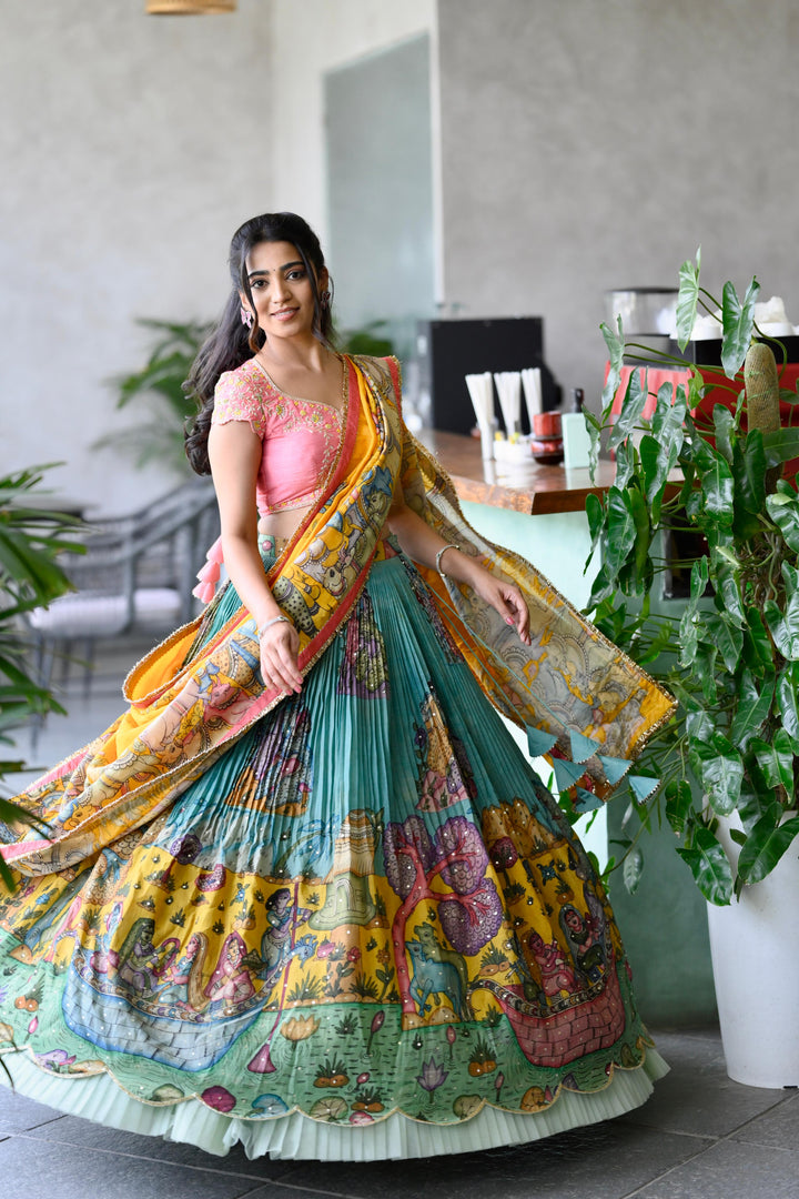 Pink & Blue Kalamkari Lehenga