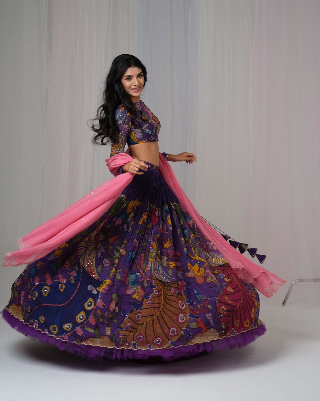 BrinjalishPurple Organza Silk Pen Kalamkari Lehenga