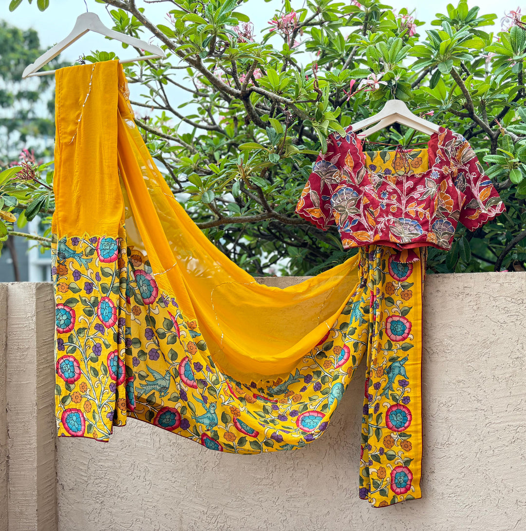 Yellow Pen Kalamkari Saree