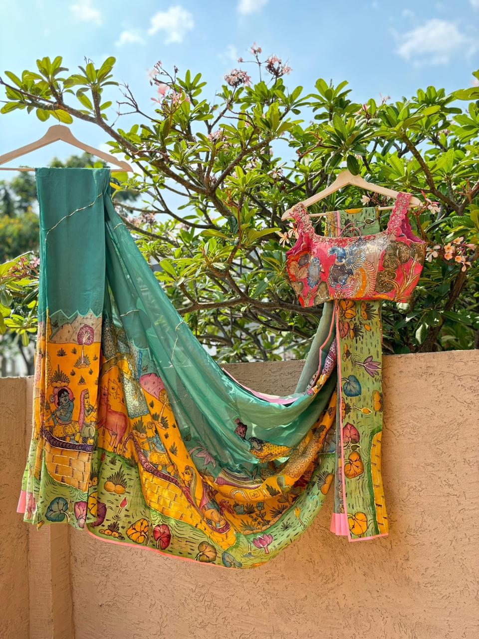 Sea Green Pen Kalamkari Saree