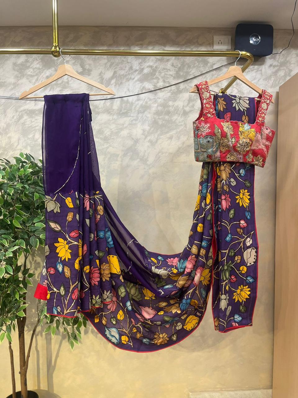 Purple Pen Kalamkari Saree