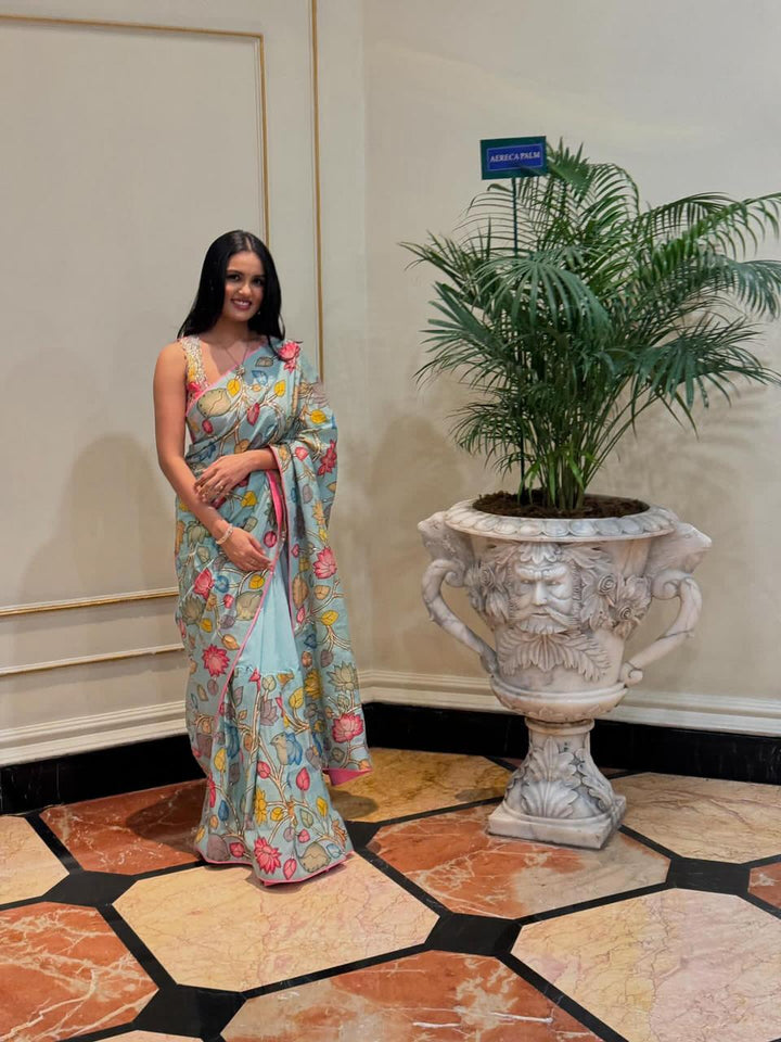 Sky Blue Pen Kalamkari Saree