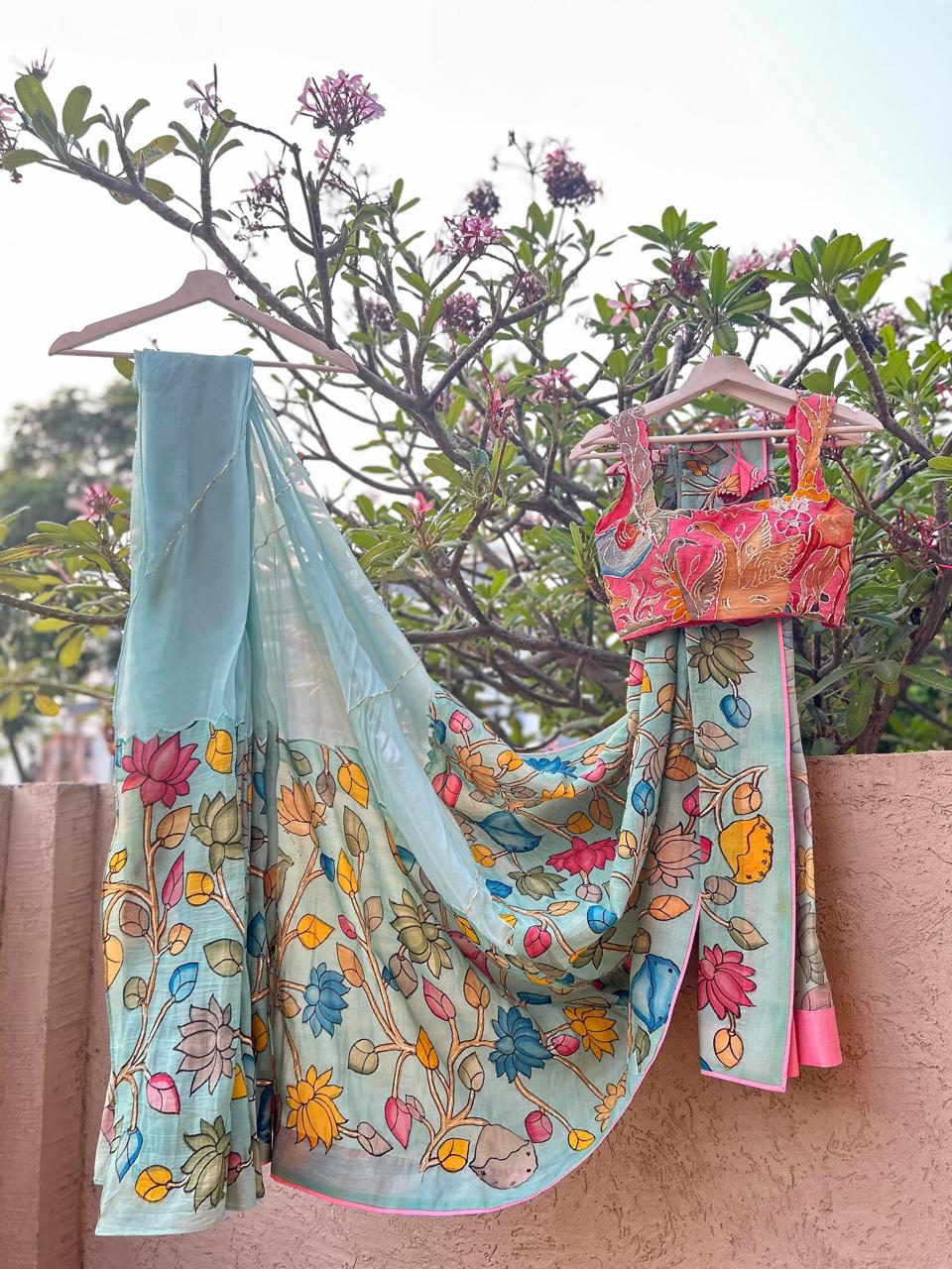 Sky Blue Pen Kalamkari Saree