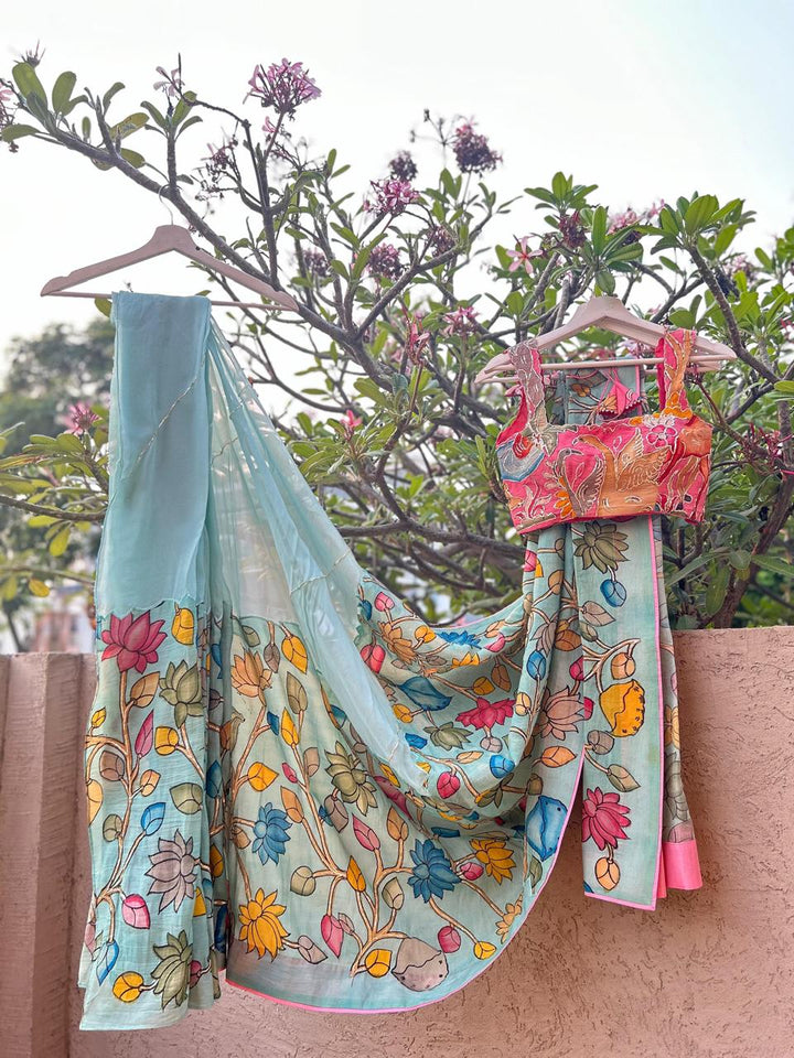 Sky Blue Pen Kalamkari Saree