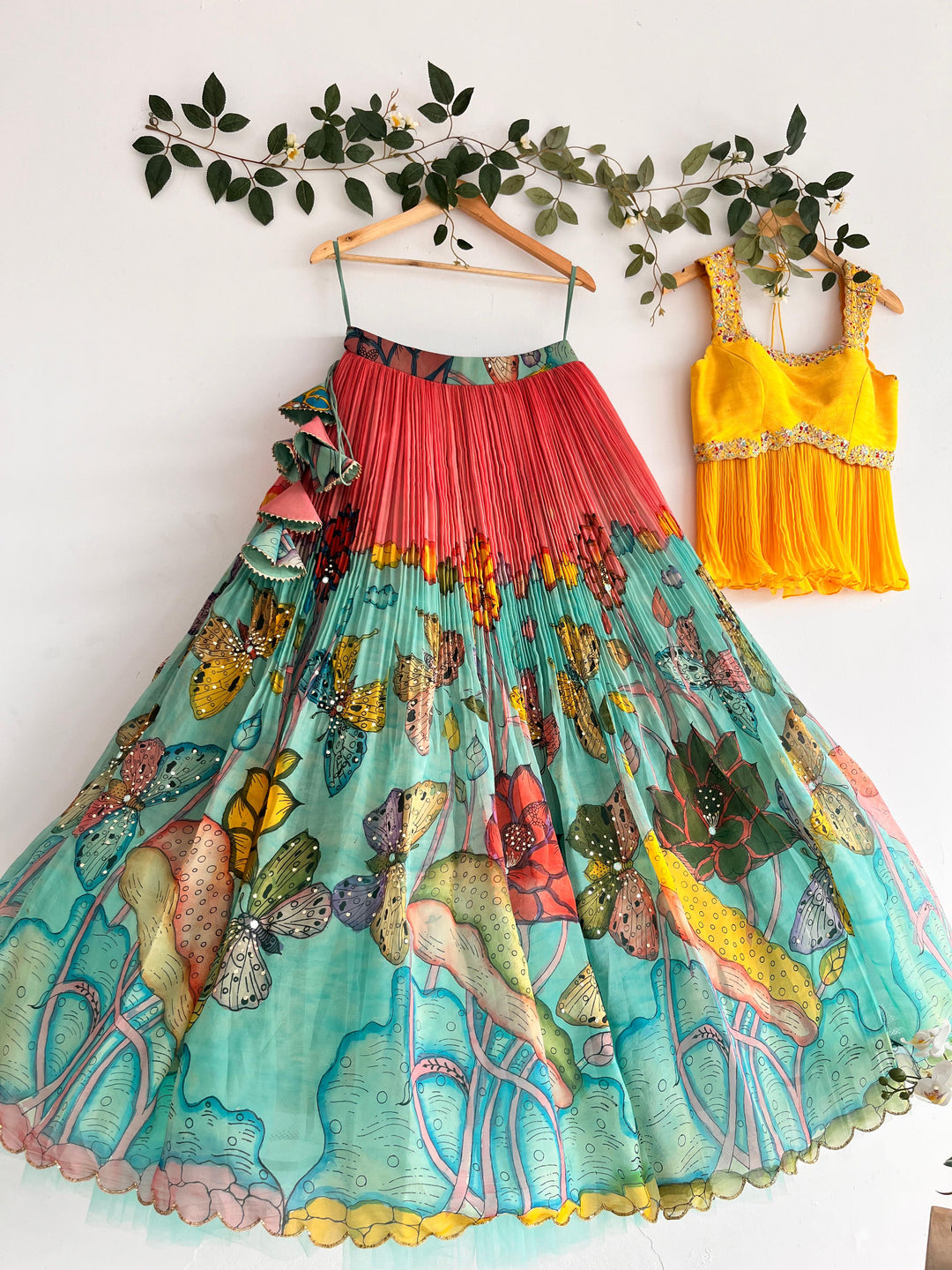 Yellow and Sea Blue Pen Kalamkari Lehenga