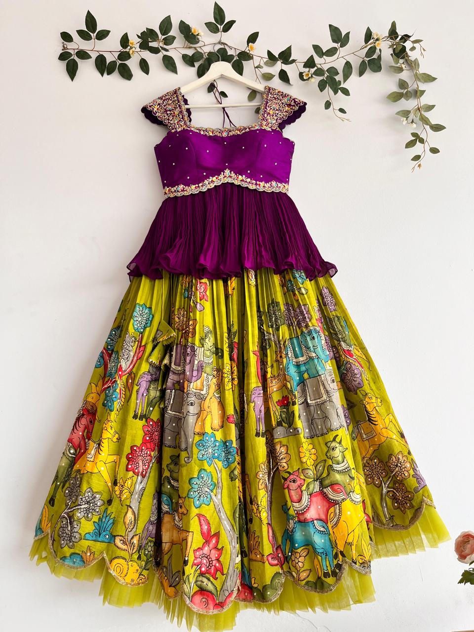 Purple and Green Pen Kalamkari Lehenga