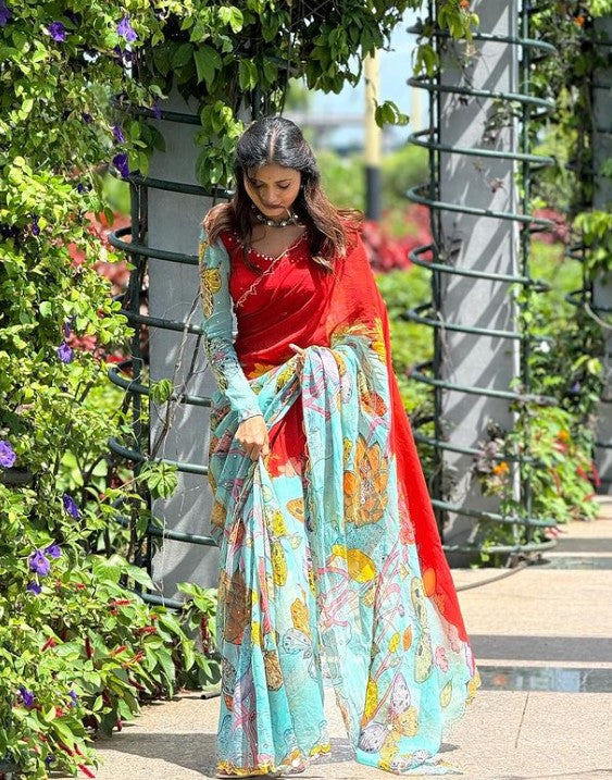 Red and Sea Blue Pen Kalamkari Organza Silk Saree