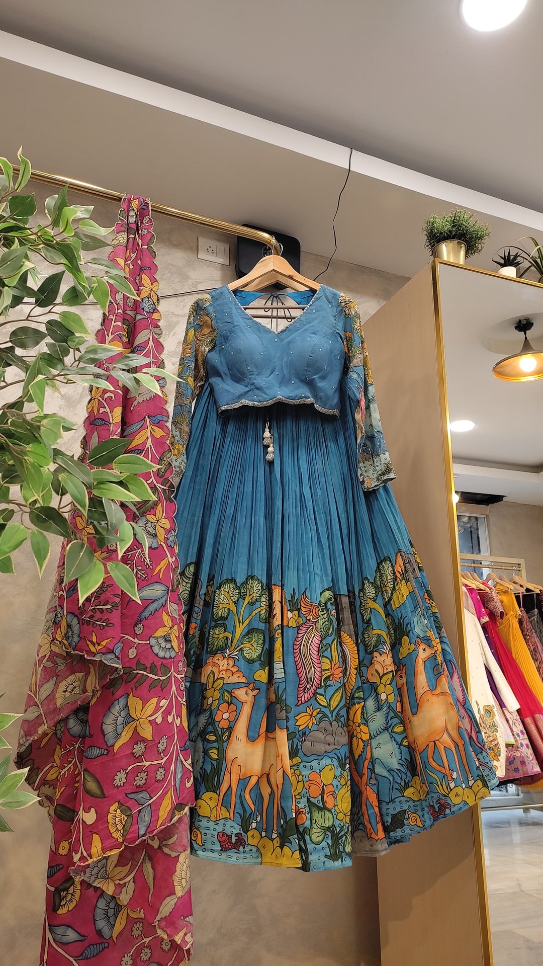 Blue & Pink Pen Kalamkari Lehenga