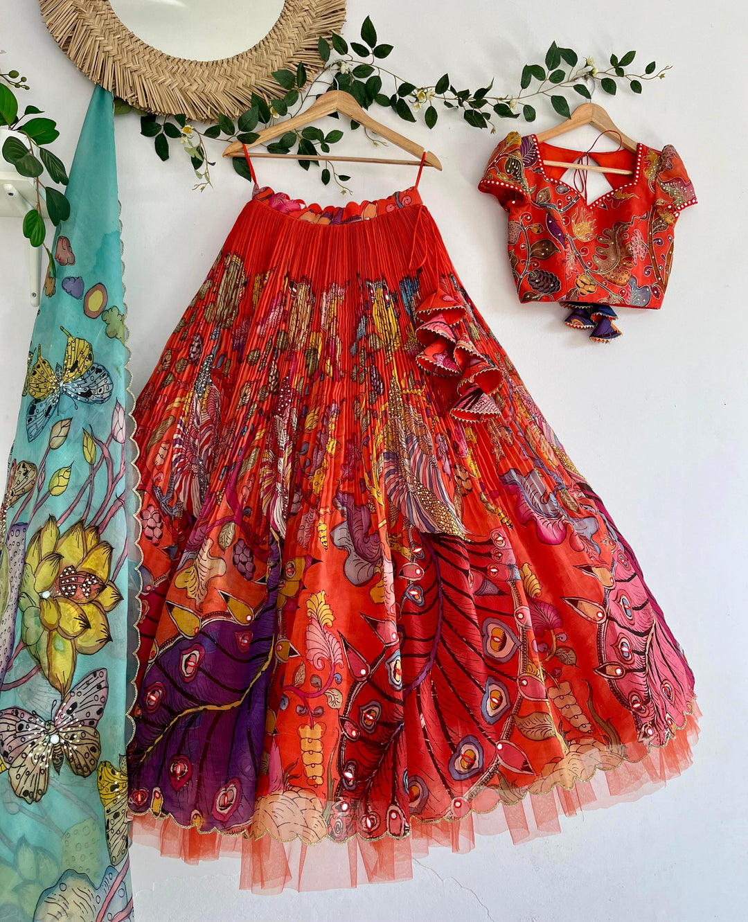 Orange Organza Silk Pen Kalamkari Lehenga