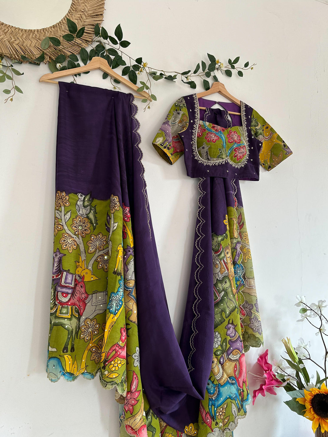 Purple & Green Pen Kalamkari Saree