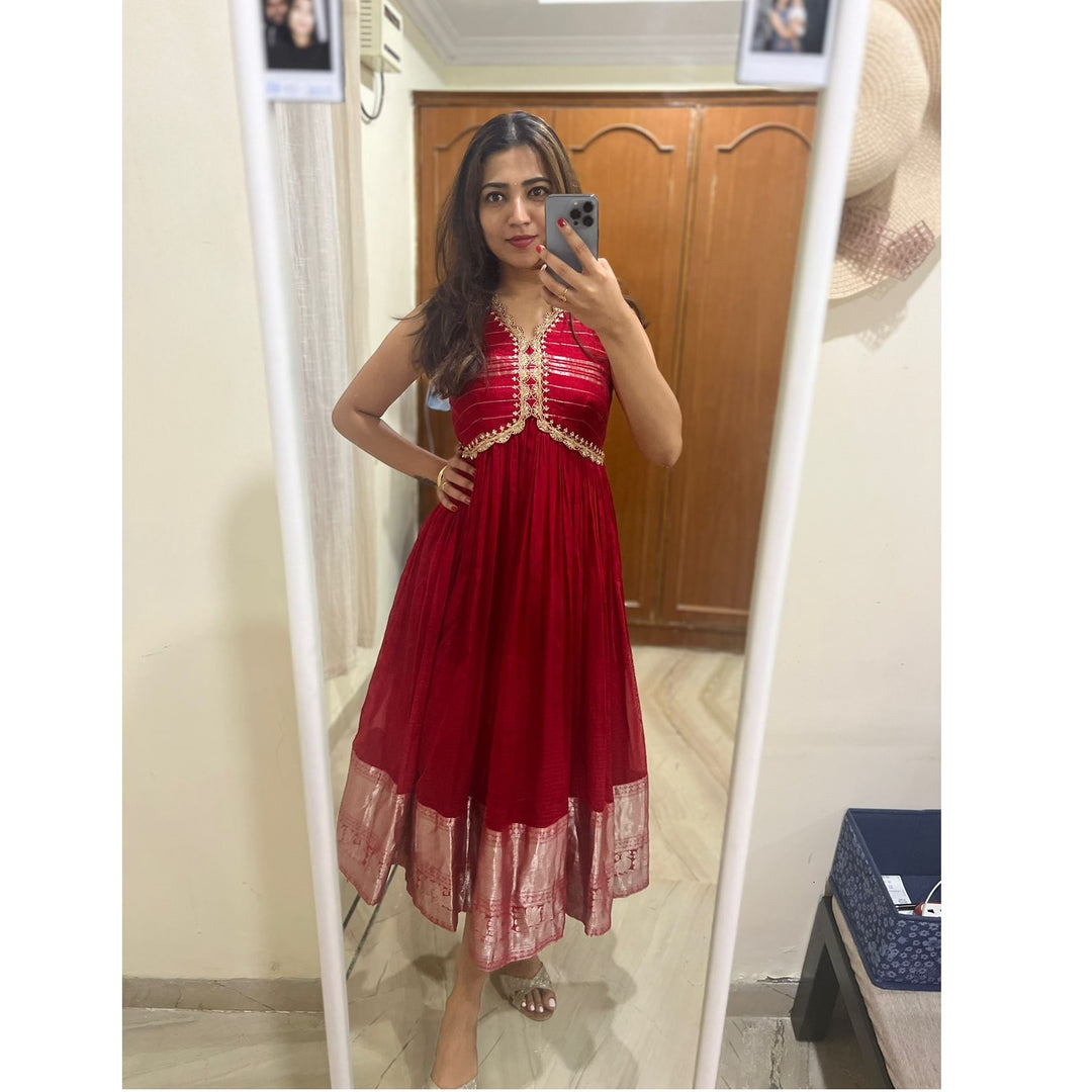 Red Pure Mangalgiri Silk Dress