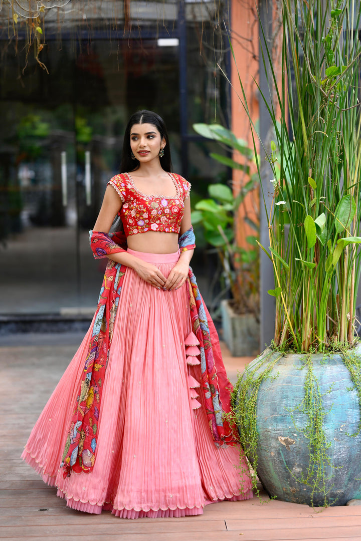 Red & Pink Pure Tissue Silk Lehenga