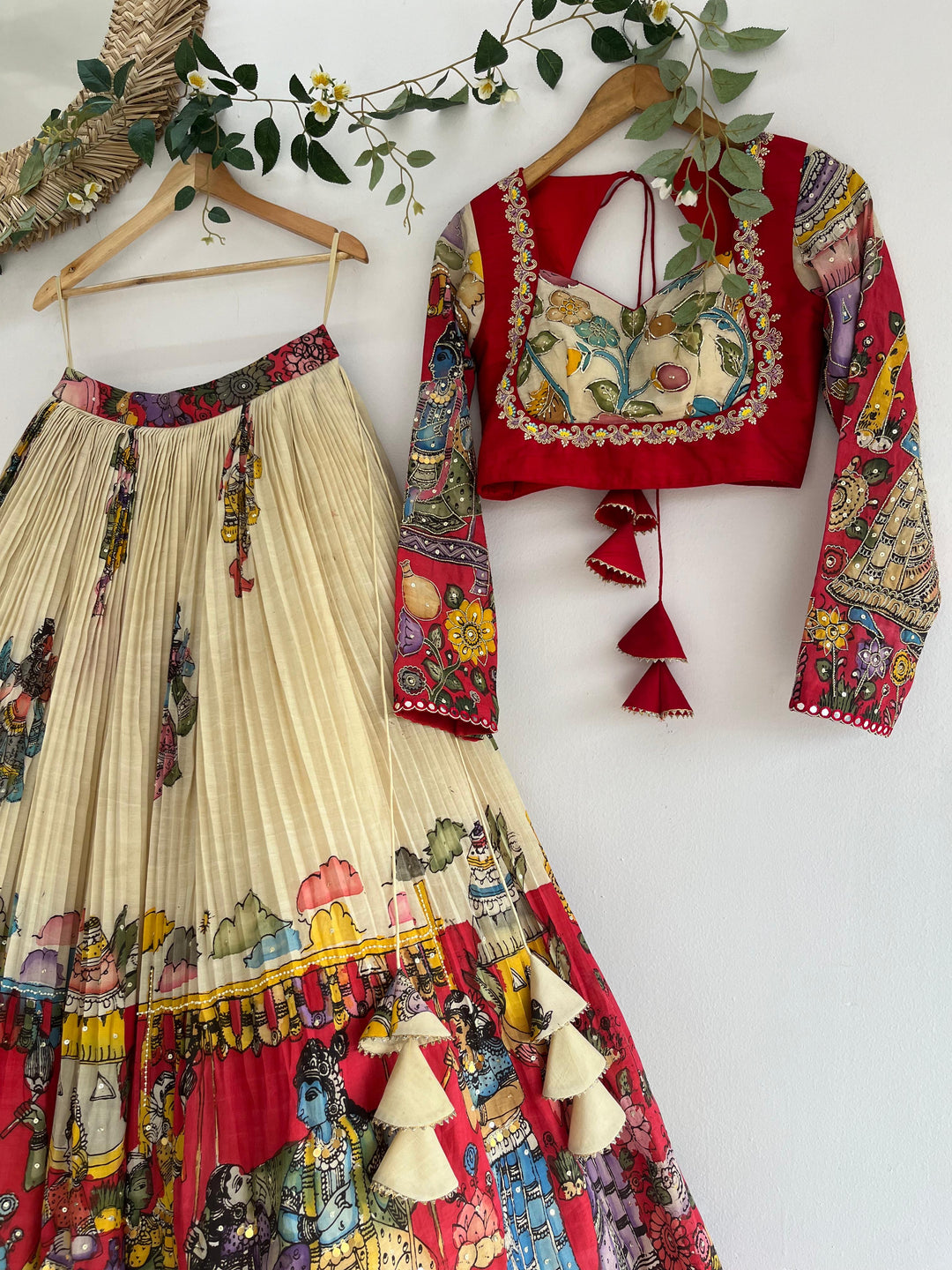 Red & White Pen Kalamkari Lehenga
