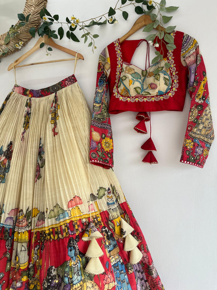 Red & White Pen Kalamkari Lehenga