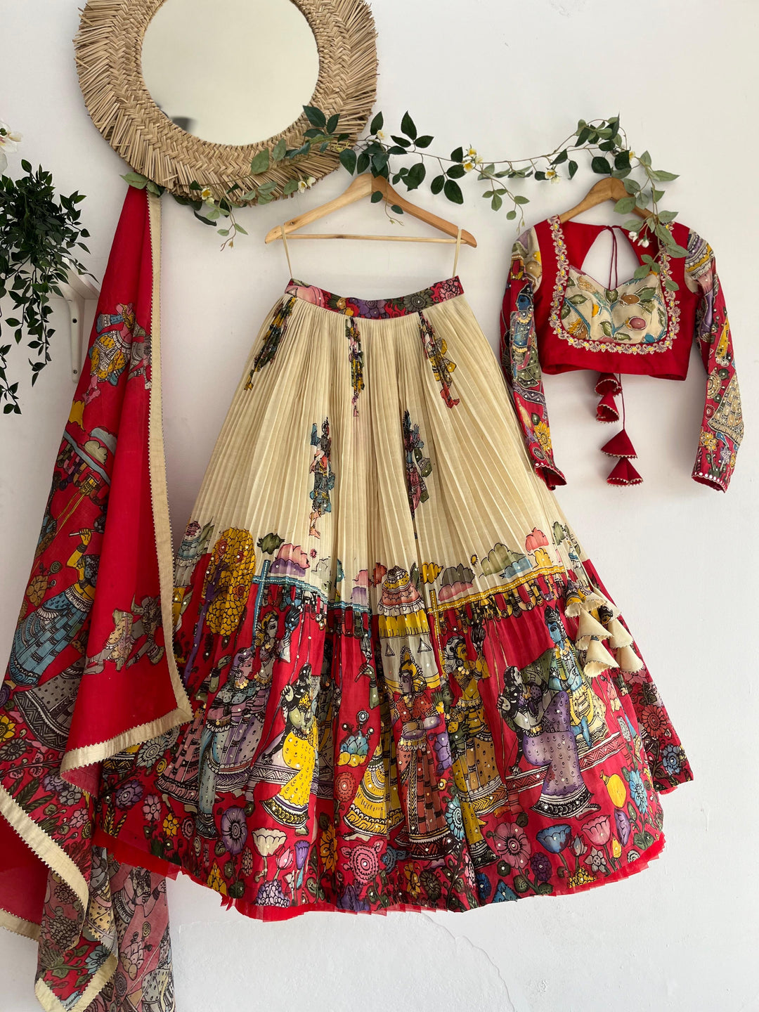 Red & White Pen Kalamkari Lehenga