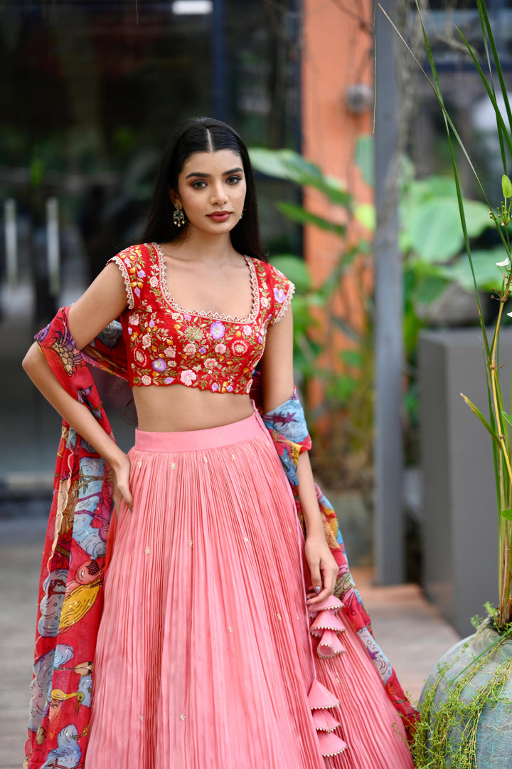 Red & Pink Pure Tissue Silk Lehenga