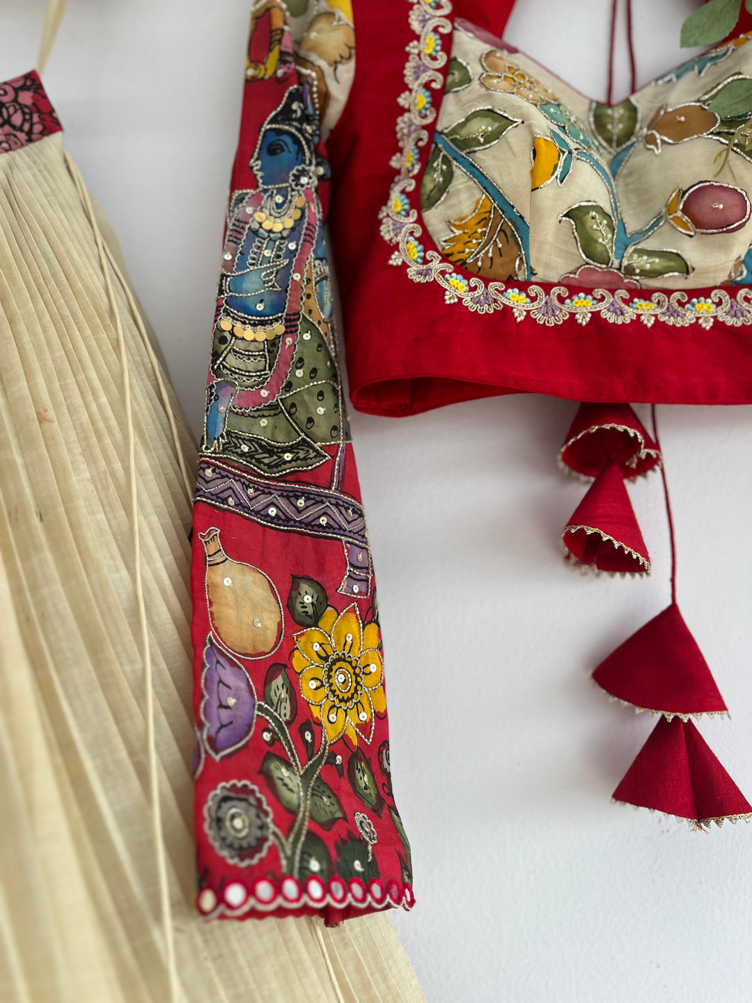 Red & White Pen Kalamkari Lehenga