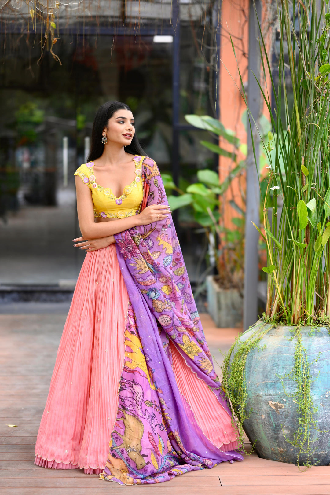Yellow & Pink Pure Tissue Silk Lehenga