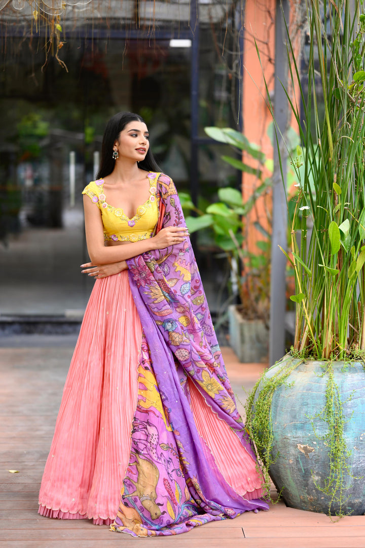 Yellow & Pink Pure Tissue Silk Lehenga