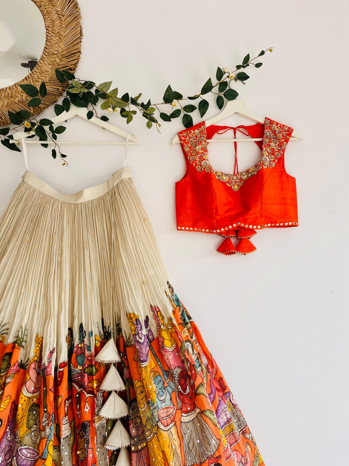 Orange & White Pen Kalamkari Lehenga