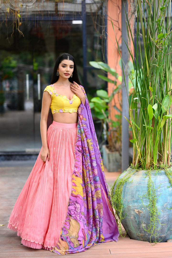 Yellow & Pink Pure Tissue Silk Lehenga