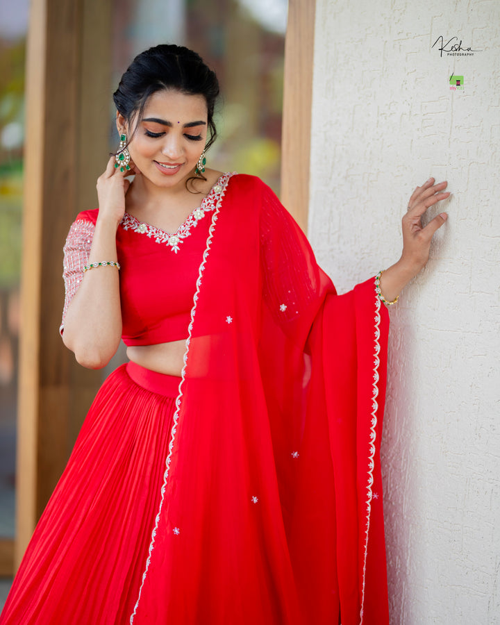 Red Mangalgiri Lehenga