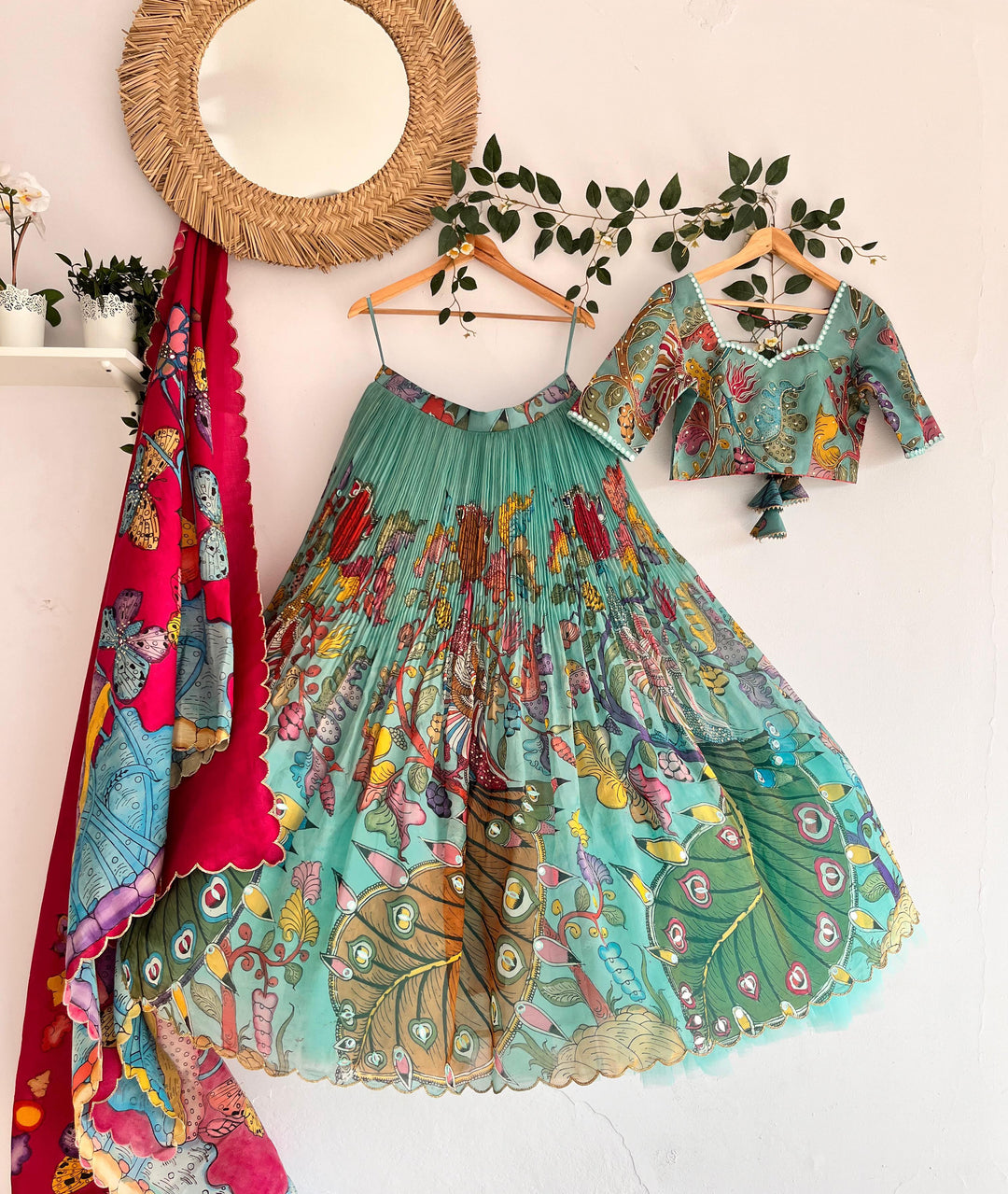 Sea Green Organza Silk Pen Kalamkari Lehenga