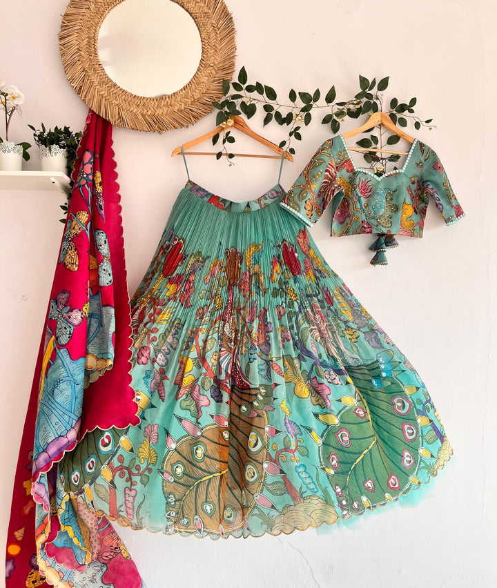 Sea Green Organza Silk Pen Kalamkari Lehenga