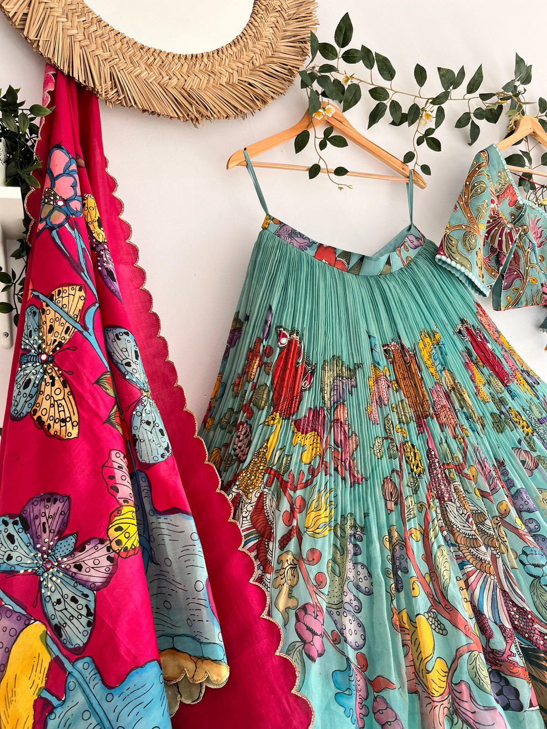 Sea Green Organza Silk Pen Kalamkari Lehenga